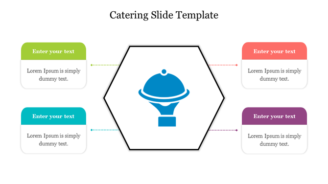 Hexagonal centerpiece with a catering symbol linked to four surrounding rectangular text areas for inputting details.