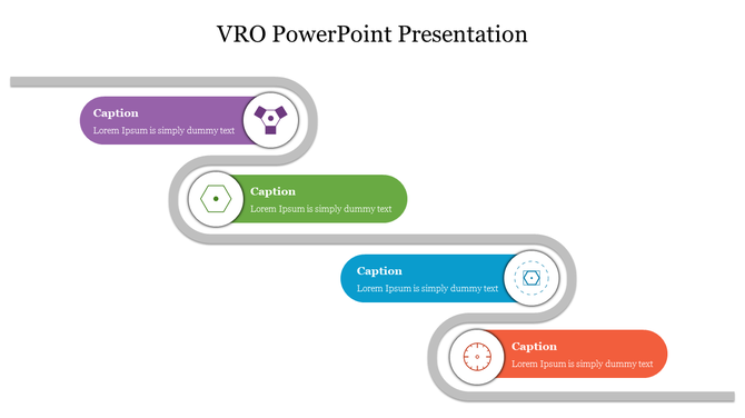 VRO slide showing a four-stage process flow with caption text and circular icons in a curved pathway.
