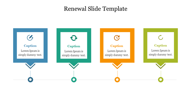 Four squares in blue, green, orange, and green, each containing a renewal icon, aligned horizontally on a line.