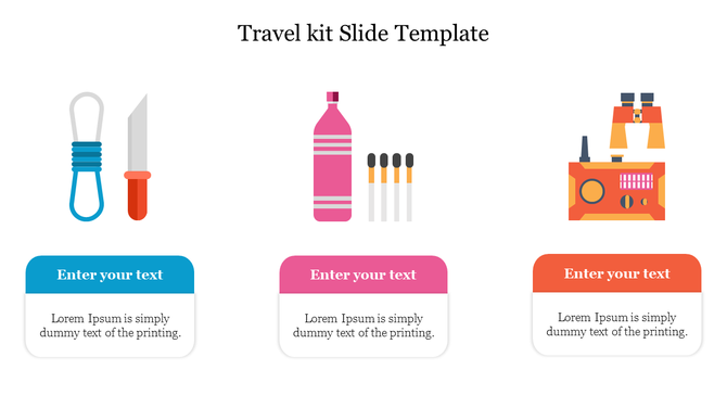 Travel kit themed slide featuring three sets of illustrated items in blue, pink, and orange, with matching text box below.