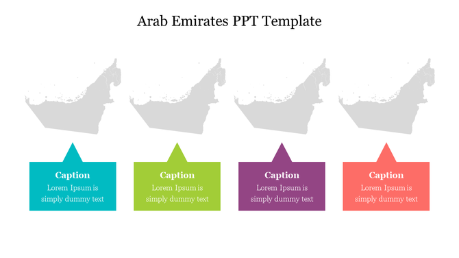 Slide with four gray outlines of the UAE map and corresponding caption boxes in teal, green, purple, and red.