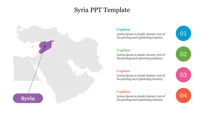 Grey map of the Middle East with Syria highlighted in purple and four colorful numbered circles with captions on the right.