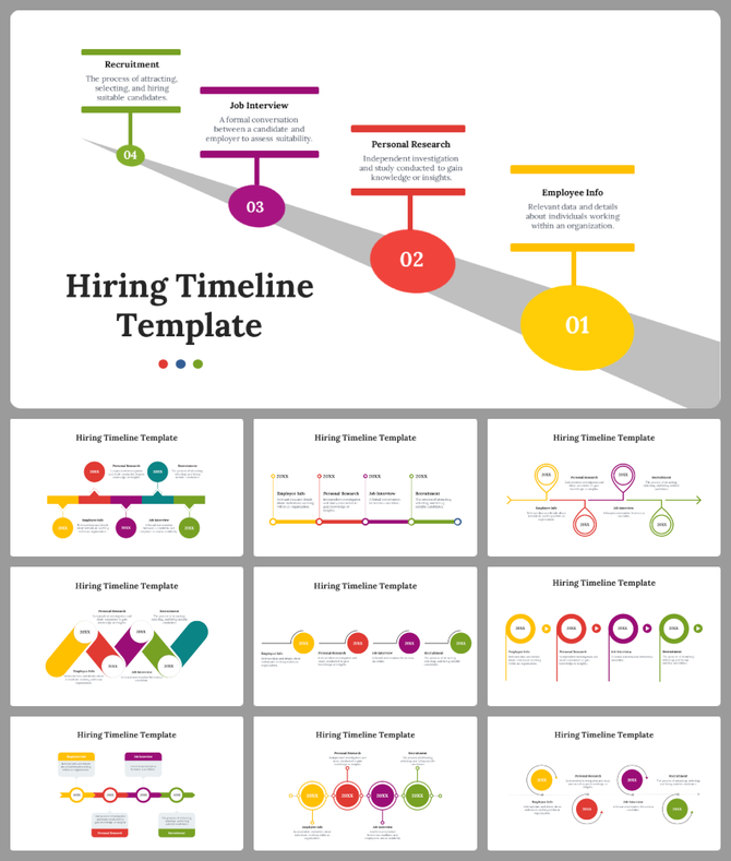 Hiring timeline slides showcasing the recruitment process, including stages with colorful various layout designs and icons.
