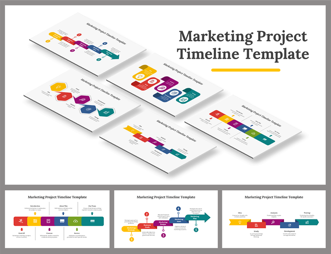 Marketing project timeline template preview with vibrant layouts in red, yellow, purple, and blue tones.