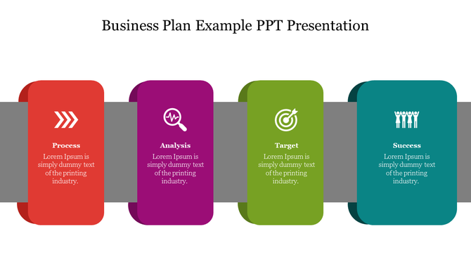 Business plan slide with four colored vertical rectangles on a grey band, each showing a step with icon and caption.
