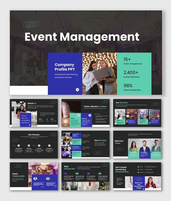 Event management company profile PPT with modern design, team visuals, service details, and clean layouts for business PPT.
