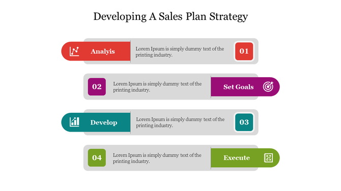 Sales strategy with red, purple, teal, and green sections, each showing a title, icon, description, and step number.