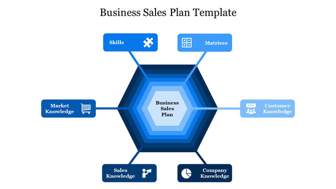 Sales plan infographic with concentric blue hexagons and six outer rectangular labels representing key components.