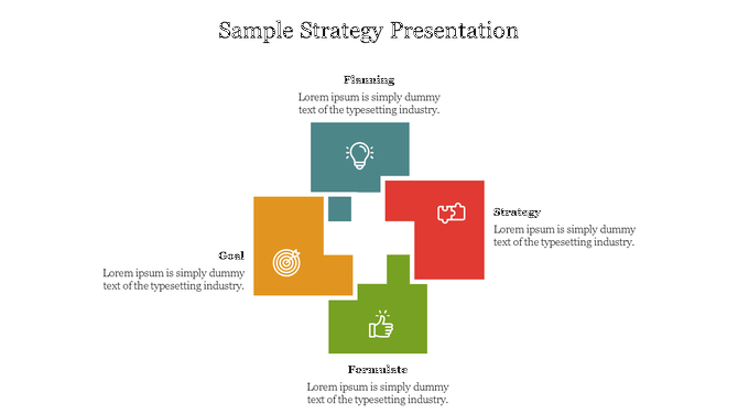 Strategy presentation slide with interconnected square shapes and icons for lightbulb, puzzle, target, and thumbs up.