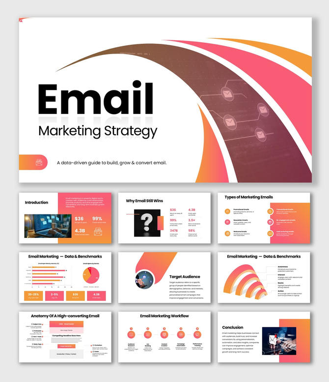 Email Marketing Strategy slide with orange gradient curves, email icons, charts, and structured text blocks.