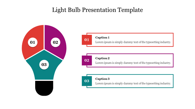 Light bulb presentation template with three color coded sections red, purple, and teal, each with captions.