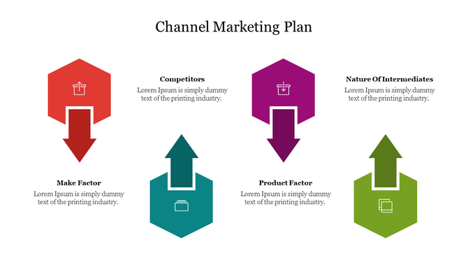 Channel marketing plan slide with four hexagonal arrows in red, purple, teal, and green, representing different factors.