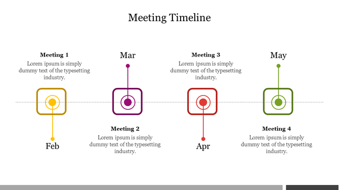 Minimalist timeline with square icons in yellow, purple, red, and green representing monthly meetings.