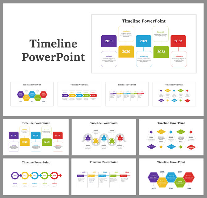 A collection of timeline slides featuring various shapes and colors to represent different periods and milestones.