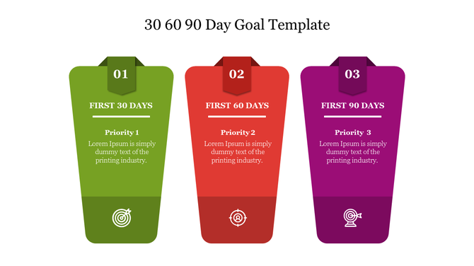 30, 60, and 90 day goal template with three vertical sections in green, red, and purple, each highlighting priorities.
