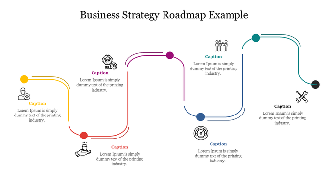 Business strategy roadmap slide featuring a curving timeline with six milestones, each labeled with captions and icons.