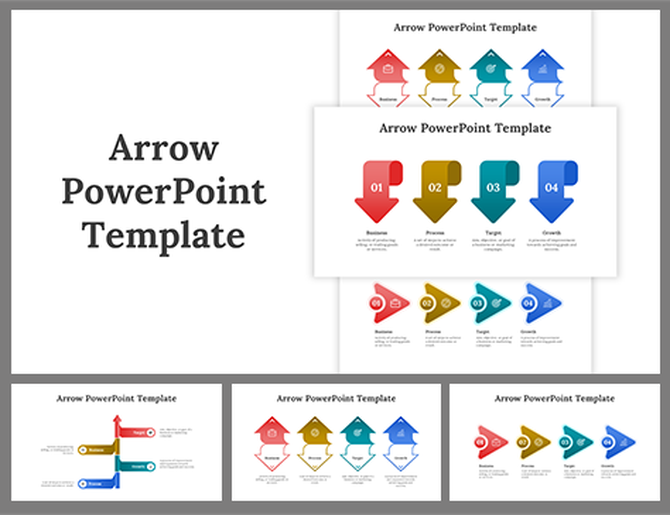 Slide deck with colorful arrow designs, featuring labeled steps in red, yellow, green, and blue for process visualization.