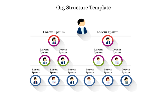 PowerPoint slide depicting an organizational chart with circular staff icons and text labels on a white backdrop.