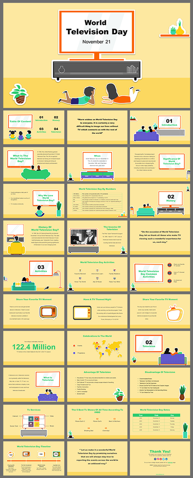 A colorful World Television day PowerPoint featuring slides on the significance, activities, history, and global celebration.