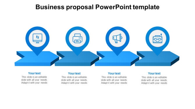 Business proposal slide design with four blue arrow process steps, each with an icon and placeholder text below.