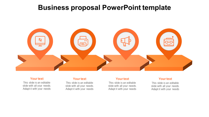 Business proposal template with five steps, marked by icons for computer, printing, announcements, and radio.
