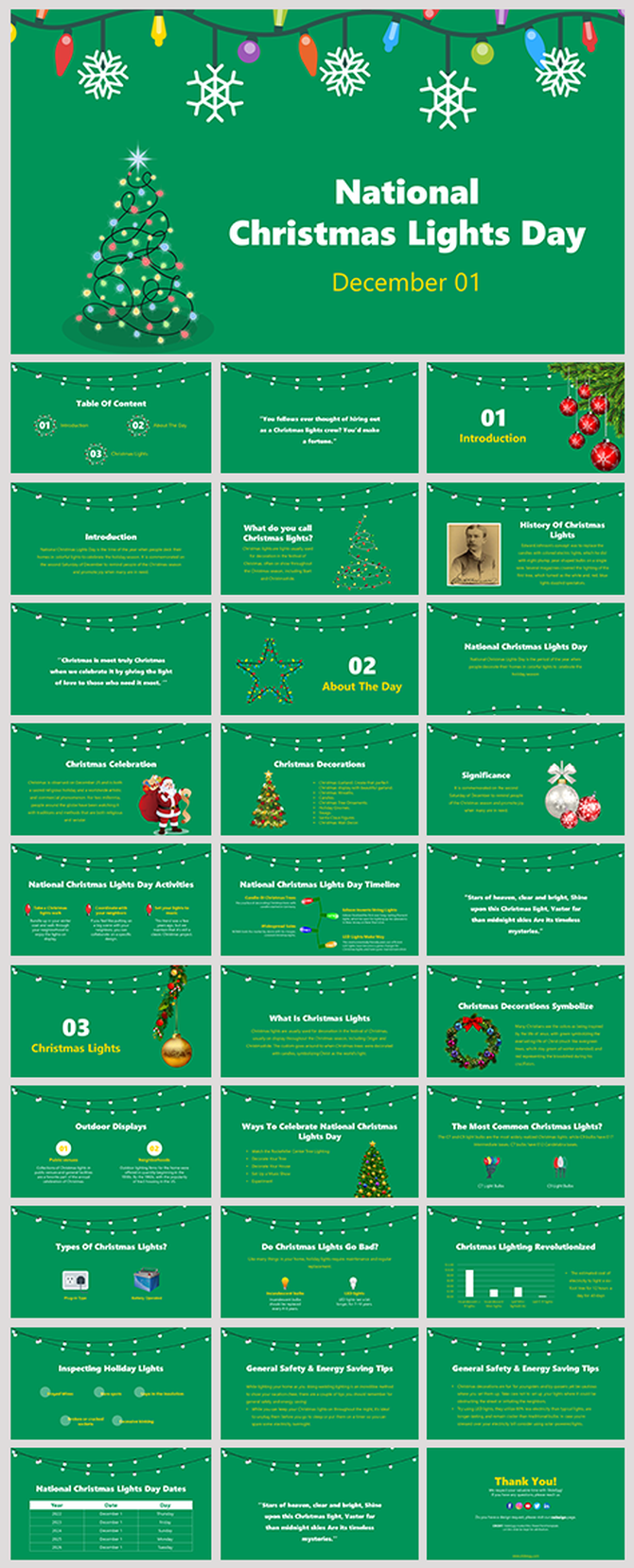 Green holiday themed presentation slides about National Christmas Lights Day, including Christmas light types and history.