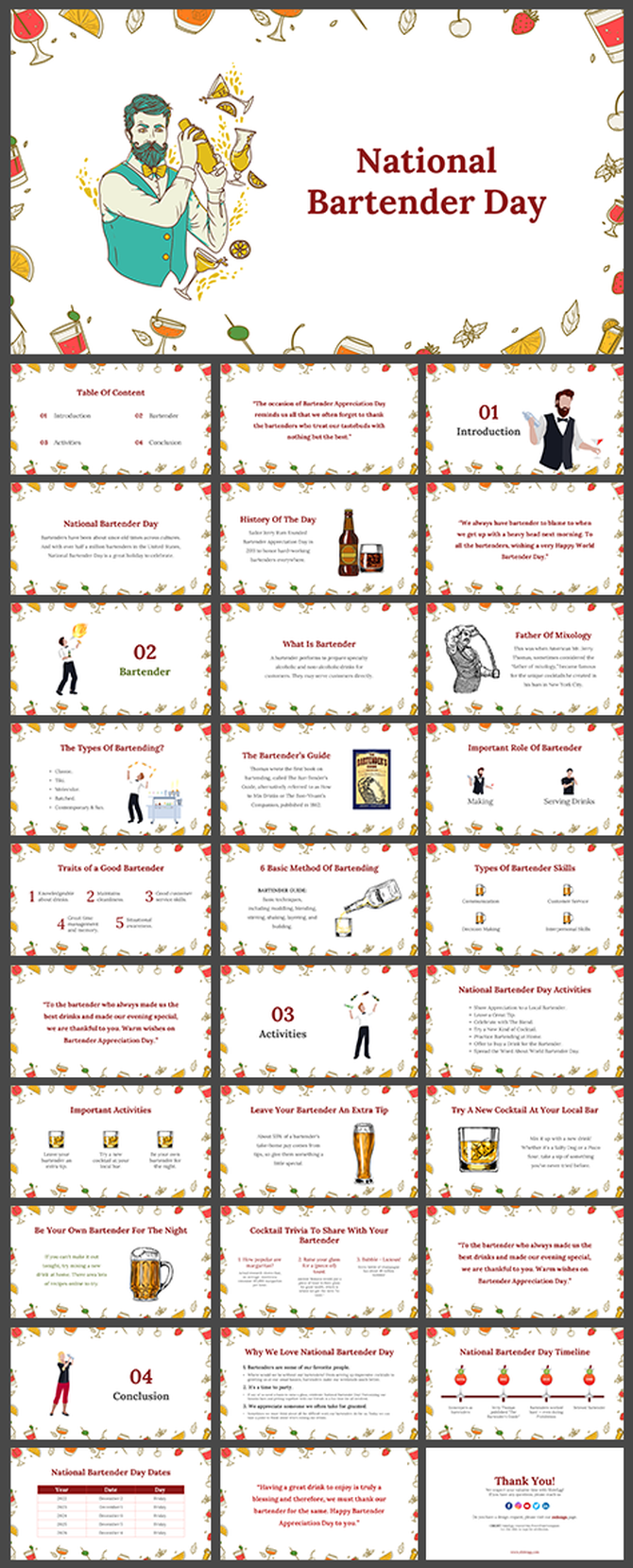 Festive slide deck featuring illustrations of bartenders, cocktails, and mixology activities.
