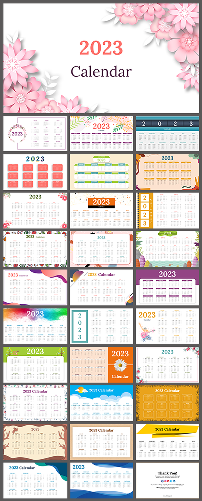 A colorful 2023 yearly calendar PowerPoint slides featuring various designs and layouts.