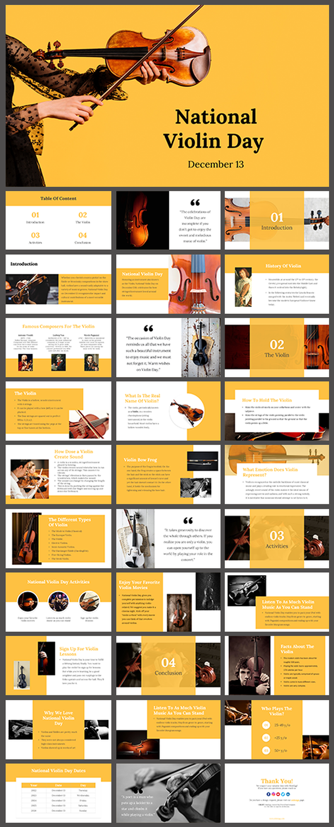 Slides with violin themed images and informational sections on the history, types, and importance, with yellow highlights.