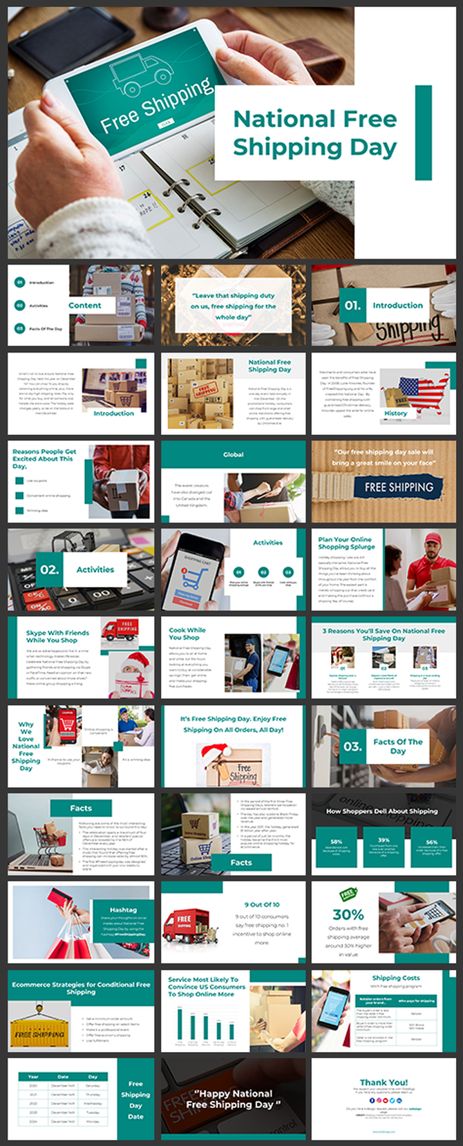 PowerPoint slides for National Free Shipping Day, with information on history, facts, and activities.