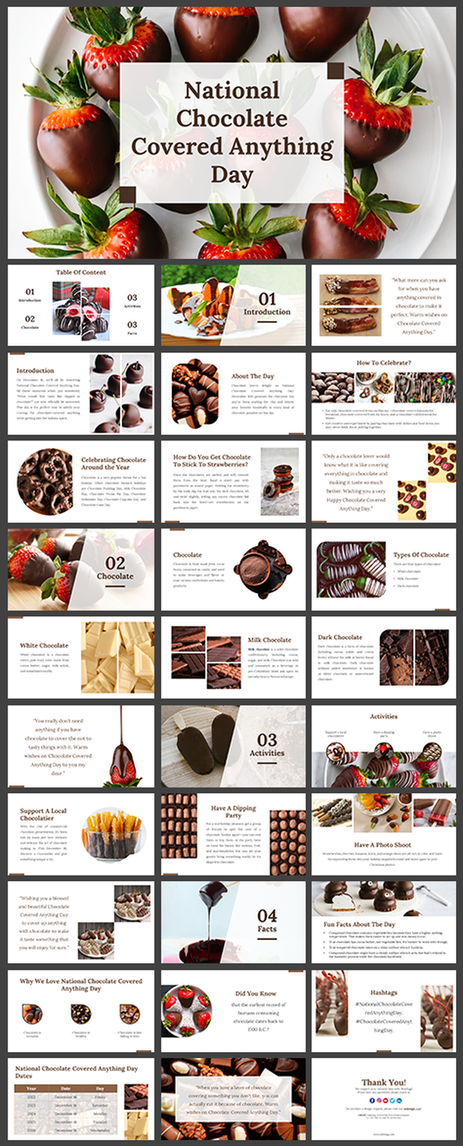National Chocolate Covered Anything day slides with sections on chocolate types, activities, and fun facts.