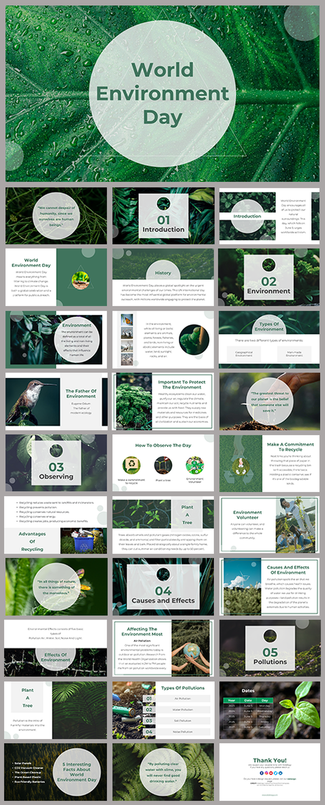 Green themed slide pack featuring nature images, circular design elements, and detailed information on the environment.