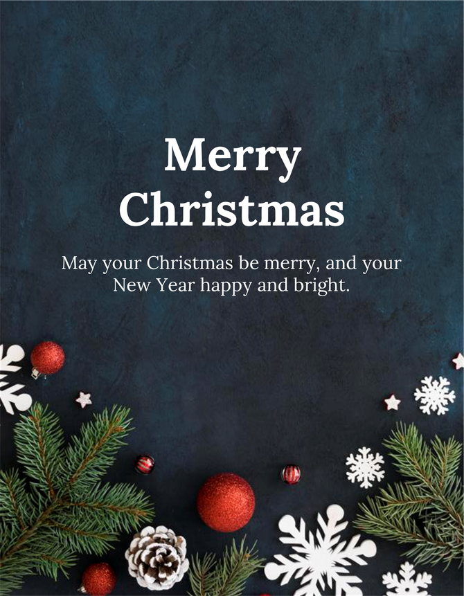 Merry Christmas card with holiday decorations, including pine branches, snowflakes, and ornaments on a dark blue backdrop.