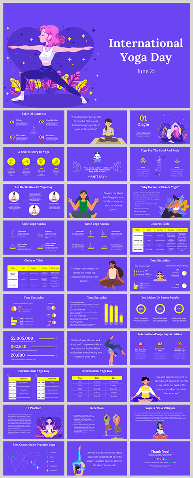 Purple themed slide deck about International yoga day, covering its origins, benefits, statistics, and celebrations.