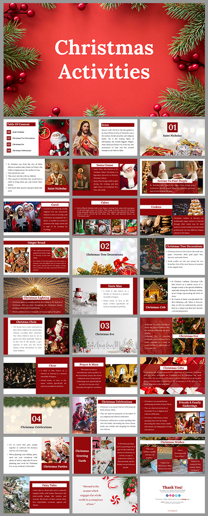 A pack of christmas themed PowerPoint slides with activities like Santa Claus, cookies, and Carol singing on a red theme.