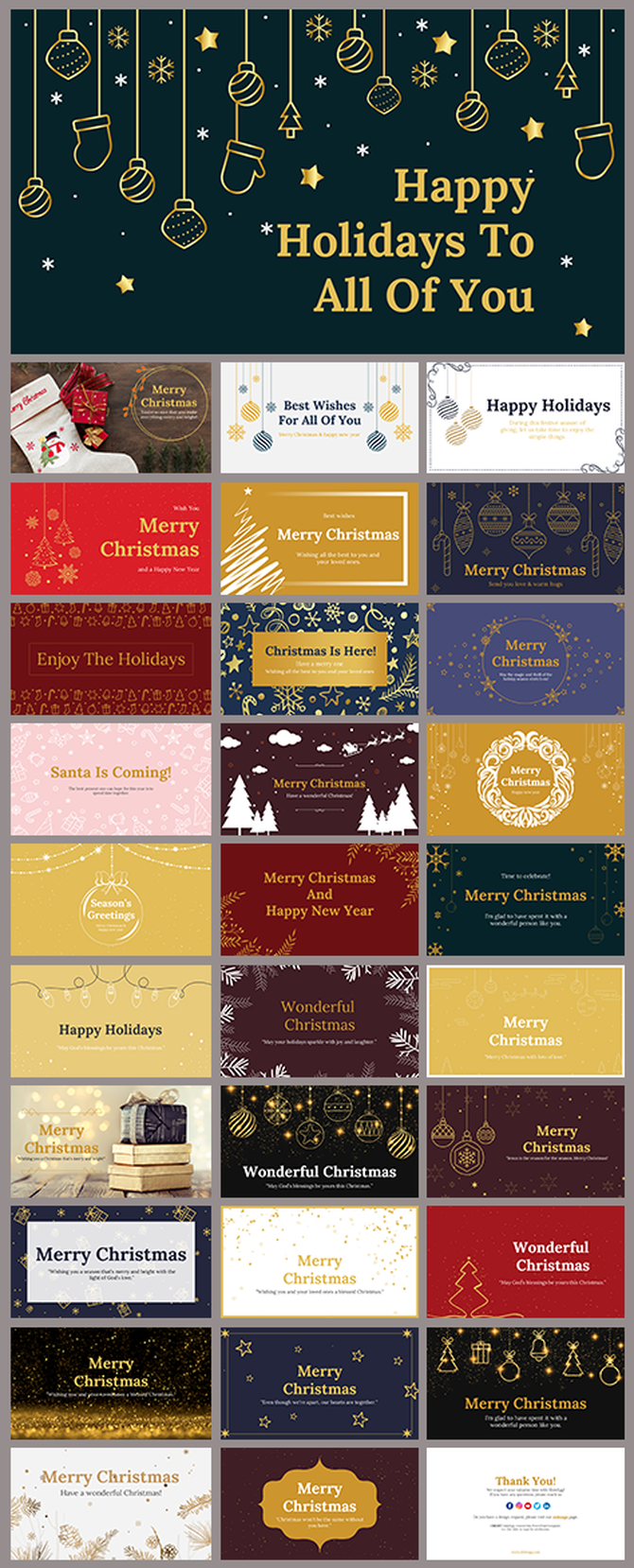 PowerPoint slides with a variety of elegant Christmas card designs, including wishes and holiday themes.