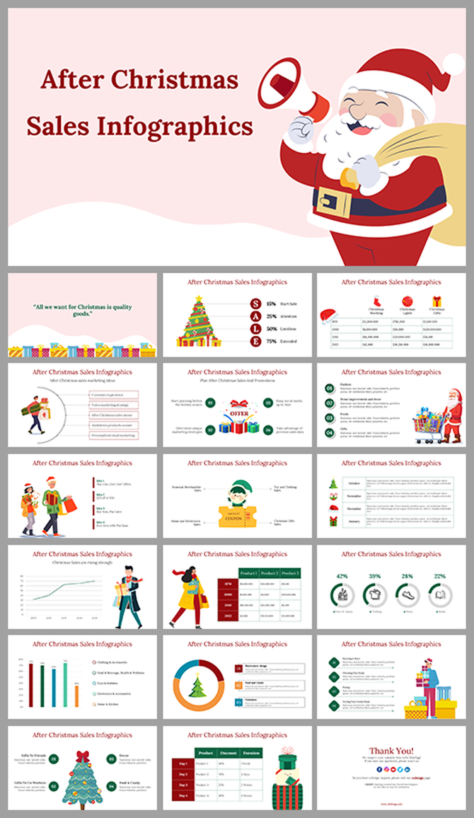 Slides showcasing infographics after Christmas sales, featuring colorful charts, gift graphics, and festive illustrations.