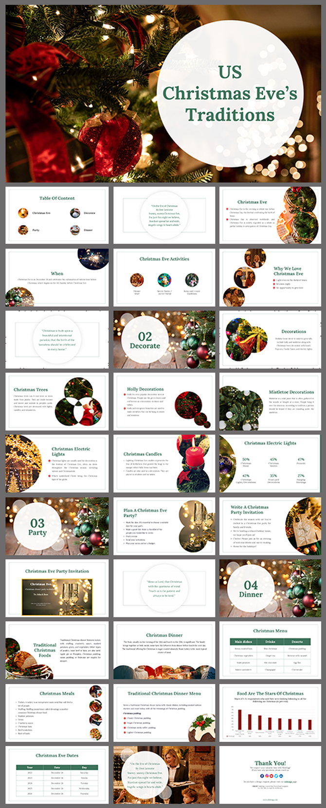 Christmas Eve traditions with tree and ornament visuals, green theme, and sections on decor, dinner, and parties.