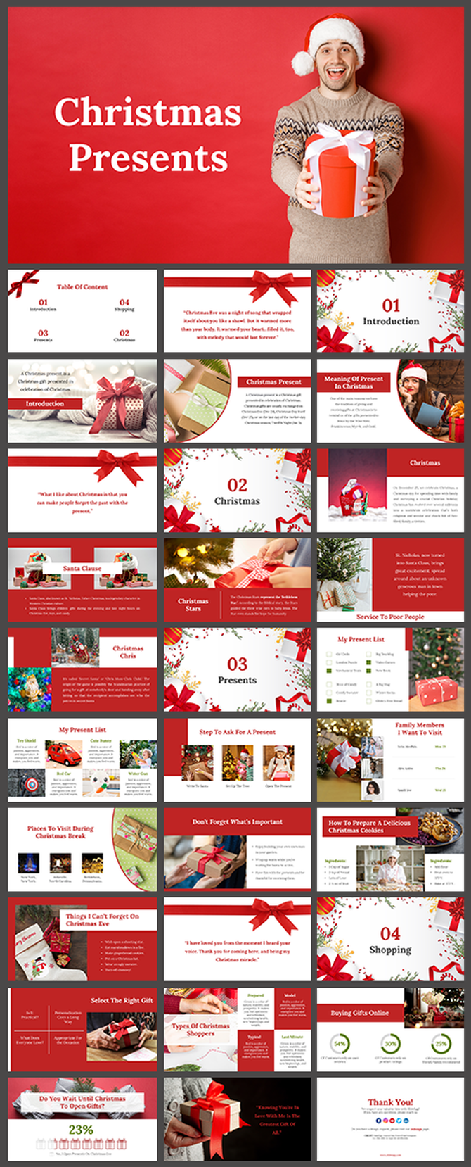 Christmas Presents presentation template featuring festive slides on gift ideas, shopping tips, and holiday traditions.