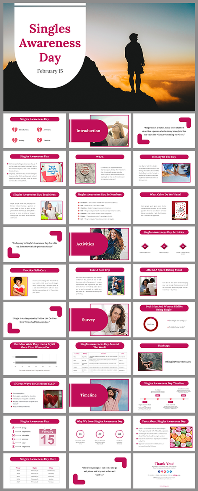 Singles Awareness day PowerPoint slides about celebrating single life, self care, and activities for singles.