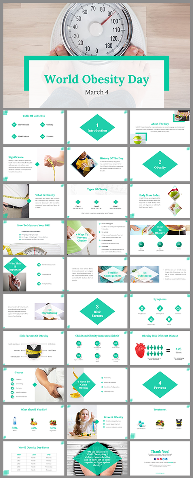 World Obesity day slide deck, featuring sections on obesity, BMI, risk factors, prevention, and treatment with teal accents.