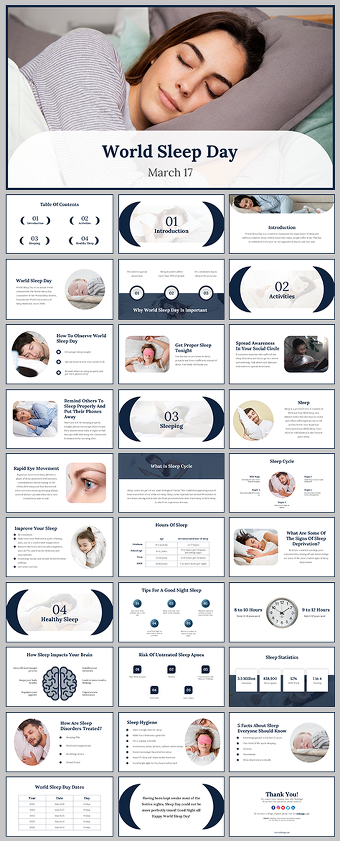 Slide deck illustrating importance, healthy practices, brain impacts, and recommended hours of sleep.