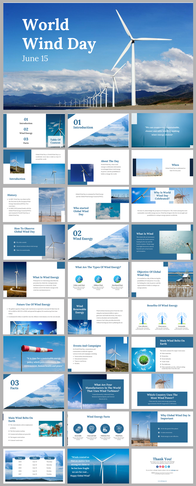 World Wind day slides detailing the importance of wind energy and its benefits with related images.