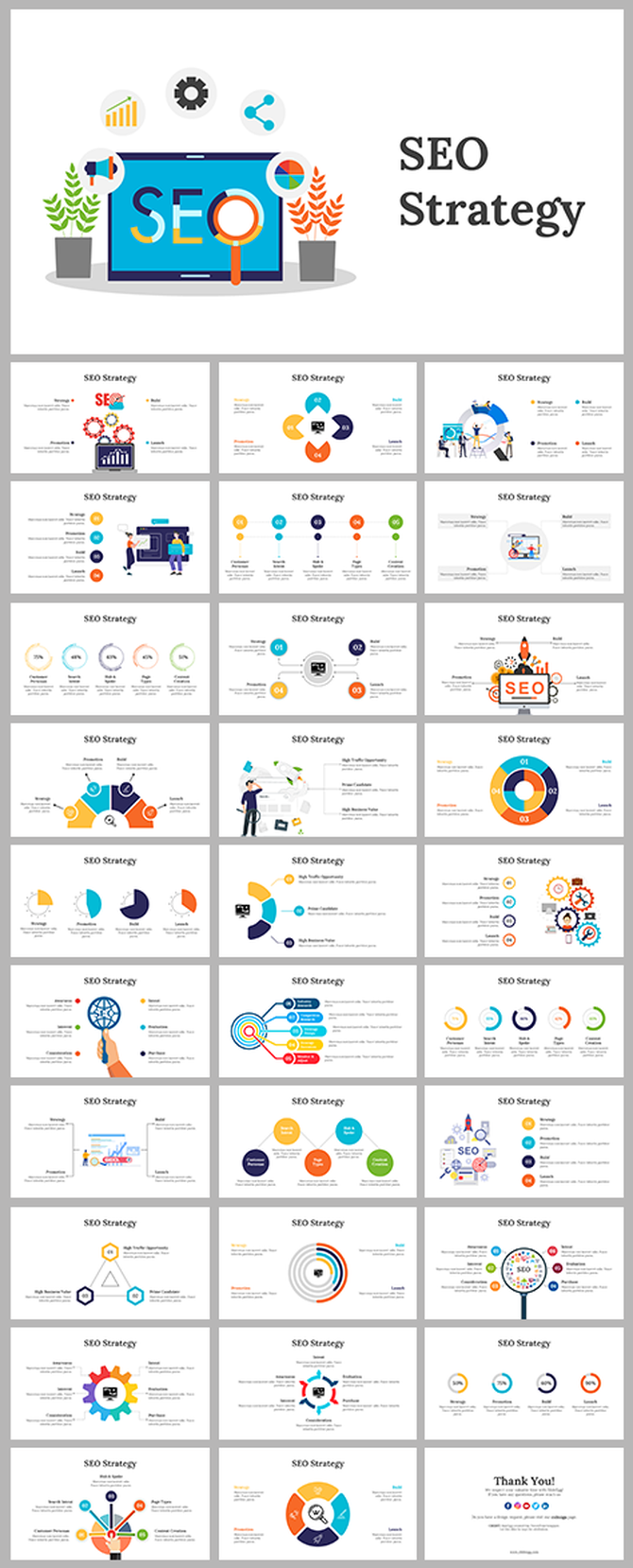 Slide deck featuring diagrams, charts, and icons illustrating steps and components of search engine optimization.