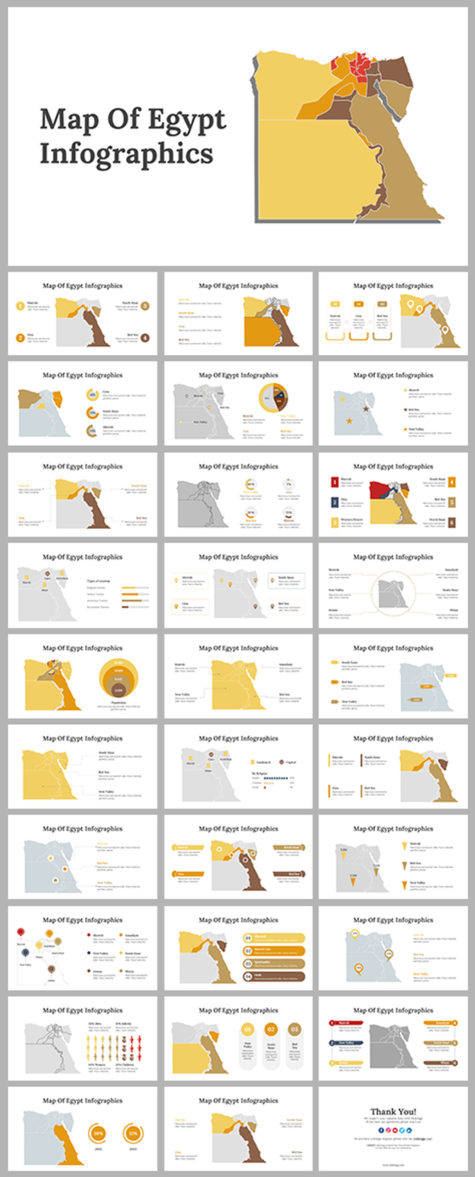 Slide deck featuring Egypt map infographics in yellow, brown, and gray tones, with charts and icons for data visualization.