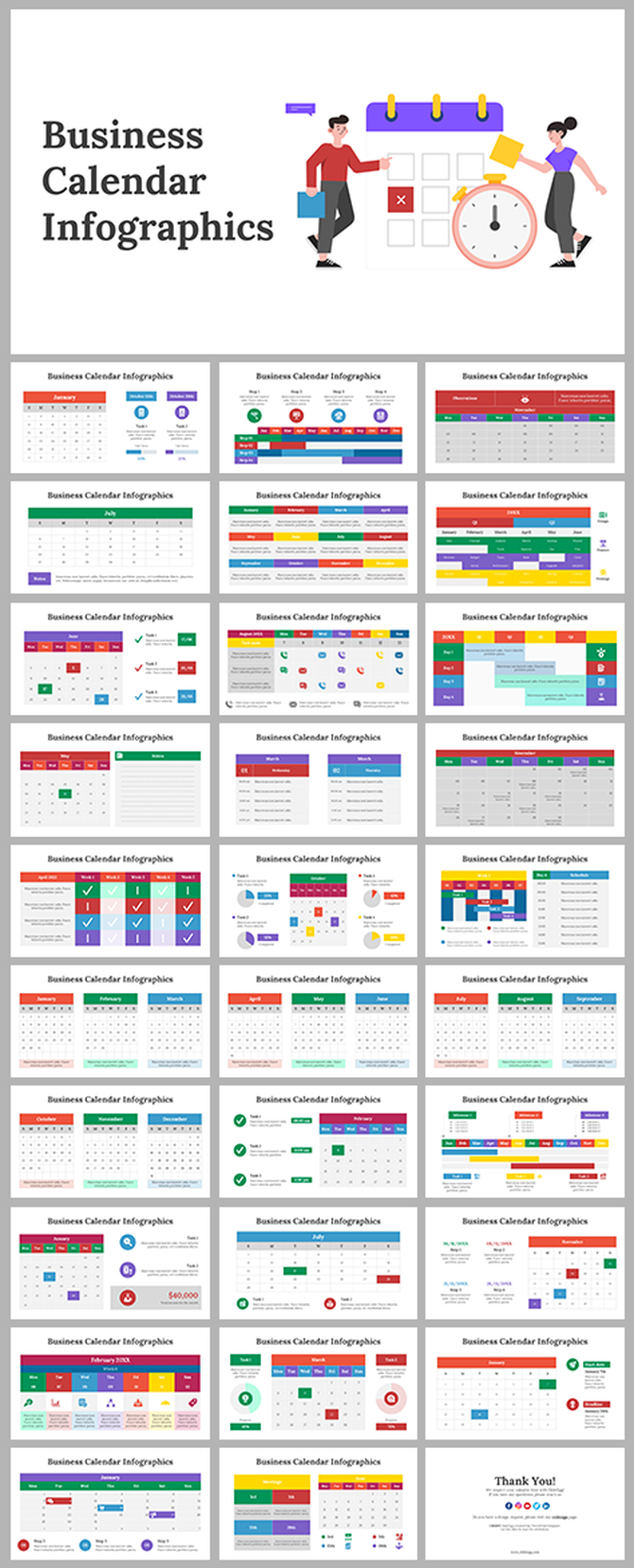 A collection of business calendar infographics displaying color coded months, tasks, and deadlines with visual indicators.