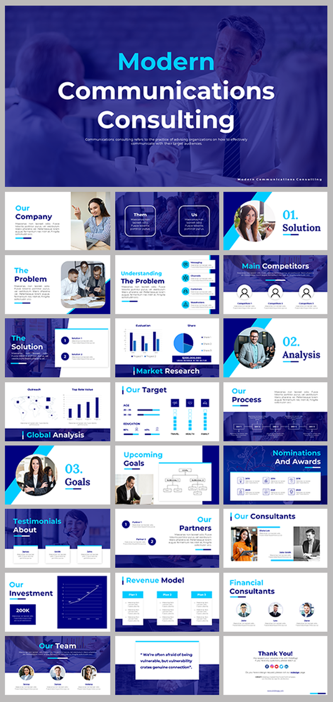 Set of professional slides for Modern Communications Consulting with sections on company overview, goals, and solutions.