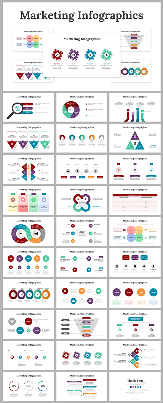Collection of marketing infographic templates featuring colorful charts, process steps, and data visualizations in designs.