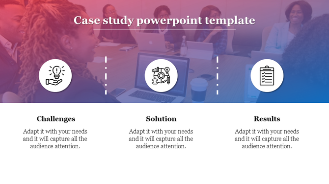 Case study layout with three icons and captions, with a blurred office meeting scene in the background.