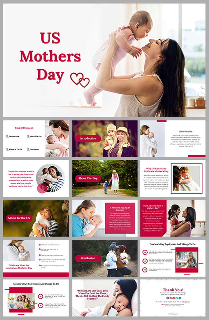 Mother's Day-themed slide deck with a mix of photos, text sections, and design elements celebrating mothers in the US.
